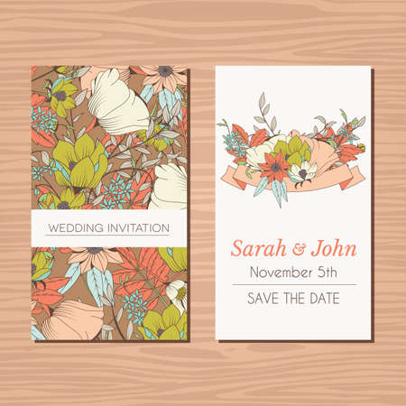 Wedding invitation card with hand drawn flower and ribbon background, vector illustrationのイラスト素材