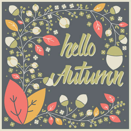 Autumn card design with floral frame and typographical message, vector illustrationのイラスト素材