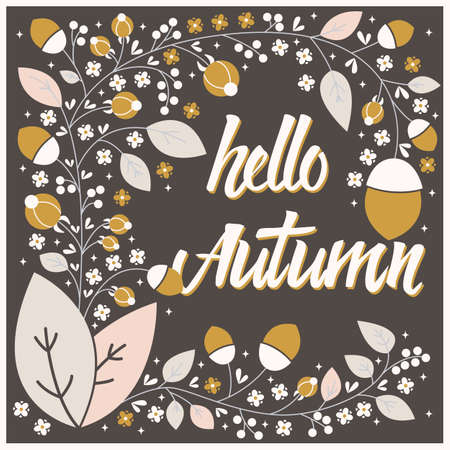 Autumn card design with floral frame and typographical message, vector illustrationのイラスト素材