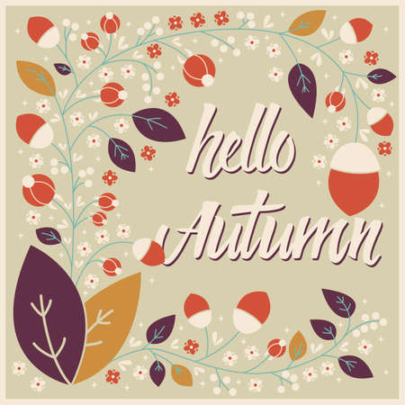 Autumn card design with floral frame and typographical message, vector illustrationのイラスト素材