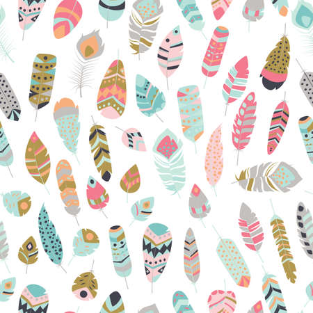 Seamless pattern with boho vintage tribal ethnic colorful vibrant feathers, vector illustrationのイラスト素材