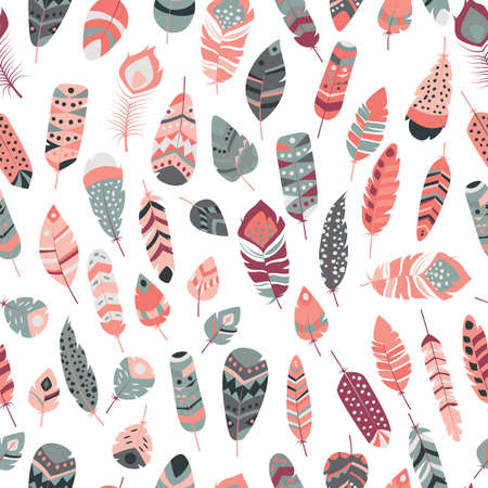 Seamless pattern with boho vintage tribal ethnic colorful vibrant feathers, vector illustrationのイラスト素材