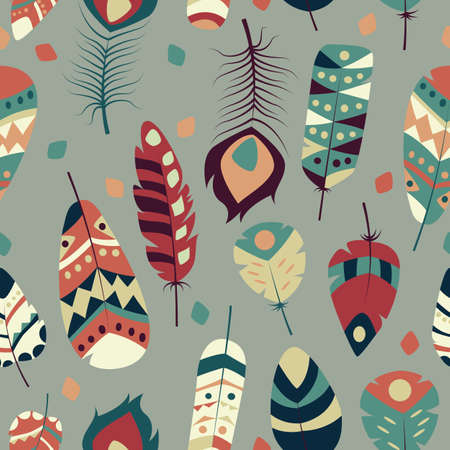 Seamless pattern with boho vintage tribal ethnic colorful vibrant feathers, vector illustrationのイラスト素材