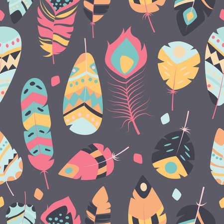 Seamless pattern with boho vintage tribal ethnic colorful vibrant feathers, vector illustrationのイラスト素材