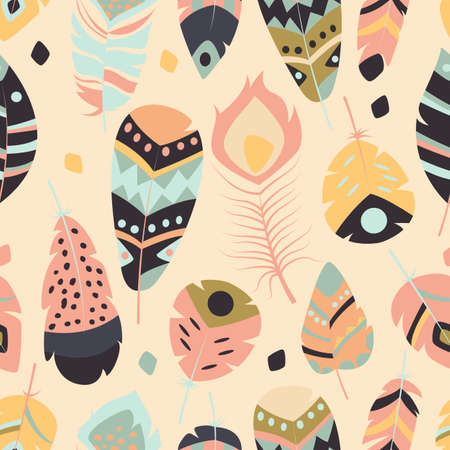 Seamless pattern with boho vintage tribal ethnic colorful vibrant feathers, vector illustrationのイラスト素材