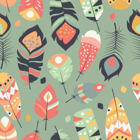 Seamless pattern with boho vintage tribal ethnic colorful vibrant feathers, vector illustrationのイラスト素材