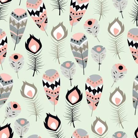 Seamless pattern with boho vintage tribal ethnic colorful vibrant feathers, vector illustrationのイラスト素材