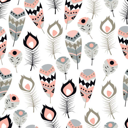 Seamless pattern with boho vintage tribal ethnic colorful vibrant feathers, vector illustrationのイラスト素材