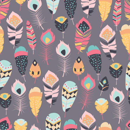 Seamless pattern with boho vintage tribal ethnic colorful vibrant feathers, vector illustrationのイラスト素材