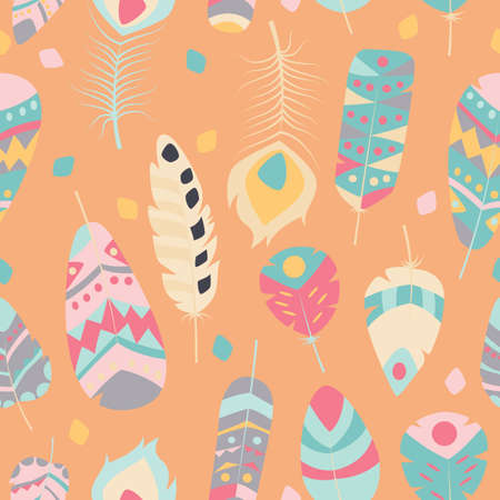 Seamless pattern with boho vintage tribal ethnic colorful vibrant feathers, vector illustrationのイラスト素材