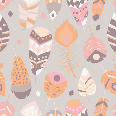 Seamless pattern with boho vintage tribal ethnic colorful vibrant feathers, vector illustrationのイラスト素材