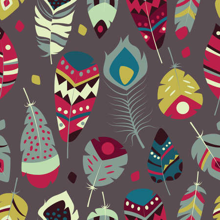 Seamless pattern with boho vintage tribal ethnic colorful vibrant feathers, vector illustrationのイラスト素材