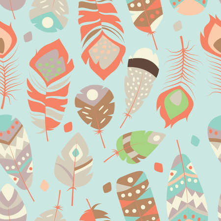 Seamless pattern with boho vintage tribal ethnic colorful vibrant feathers, vector illustrationのイラスト素材