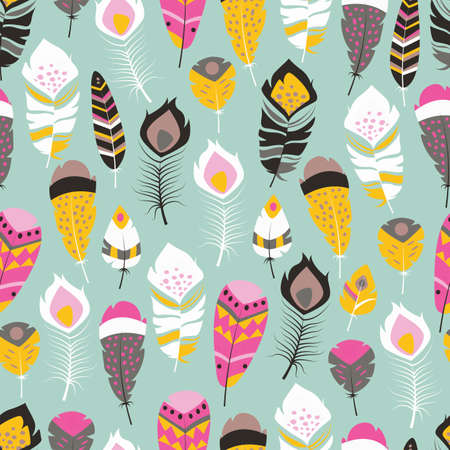 Seamless pattern with boho vintage tribal ethnic colorful vibrant feathers, vector illustrationのイラスト素材