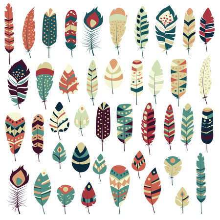 Collection of boho vintage tribal ethnic hand drawn colorful feathers, vector illustrationのイラスト素材