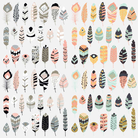 Collection of boho vintage tribal ethnic hand drawn colorful feathers, vector illustrationのイラスト素材