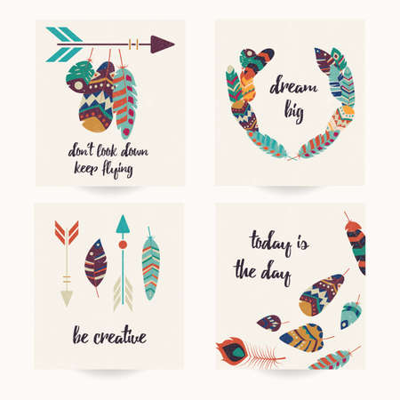 Postcard design with inspirational quote and bohemian colorful feathers, vector illustrationのイラスト素材