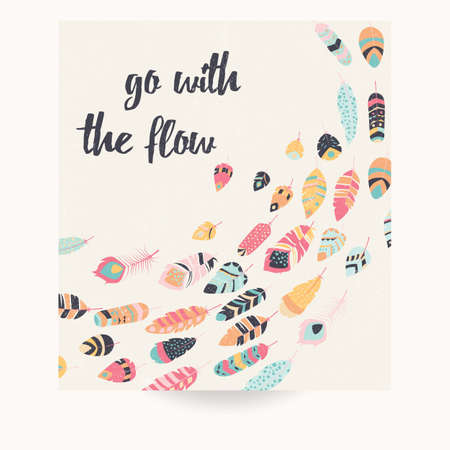 Postcard design with inspirational quote and bohemian colorful feathers, vector illustrationのイラスト素材