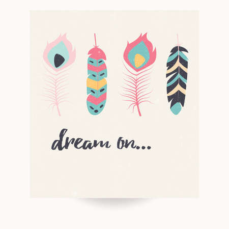 Postcard design with inspirational quote and bohemian colorful feathers, vector illustrationのイラスト素材