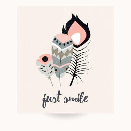 Postcard design with inspirational quote and bohemian colorful feathers, vector illustrationのイラスト素材