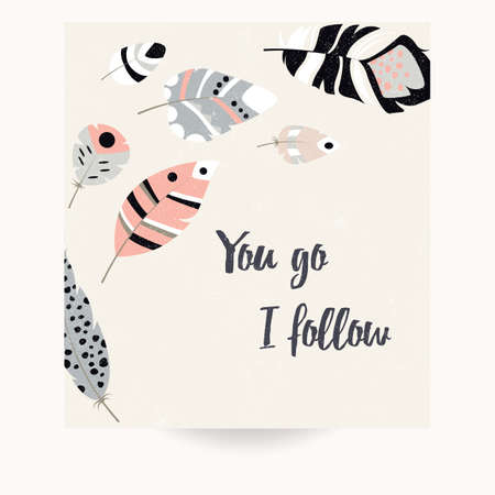 Postcard design with inspirational quote and bohemian colorful feathers, vector illustrationのイラスト素材