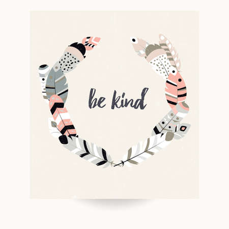 Postcard design with inspirational quote and bohemian colorful feathers, vector illustrationのイラスト素材