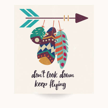 Postcard design with inspirational quote and bohemian colorful feathers, vector illustrationのイラスト素材