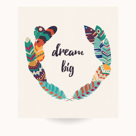 Postcard design with inspirational quote and bohemian colorful feathers, vector illustrationのイラスト素材