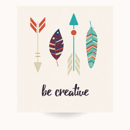 Postcard design with inspirational quote and bohemian colorful feathers, vector illustrationのイラスト素材