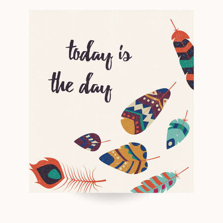 Postcard design with inspirational quote and bohemian colorful feathers, vector illustrationのイラスト素材