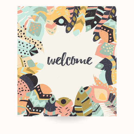 Postcard design with inspirational quote and bohemian colorful feathers, vector illustrationのイラスト素材