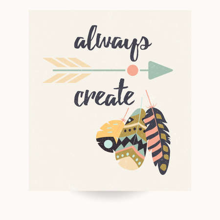 Postcard design with inspirational quote and bohemian colorful feathers, vector illustrationのイラスト素材