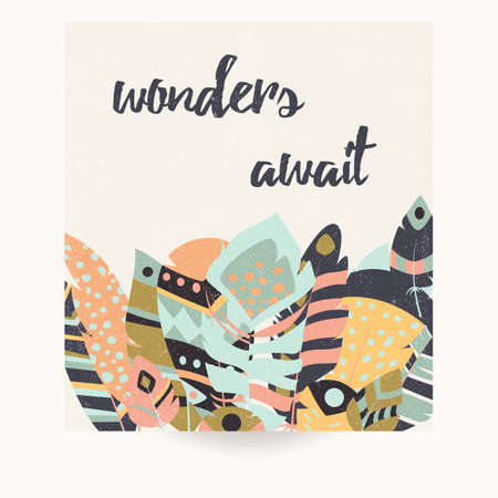 Postcard design with inspirational quote and bohemian colorful feathers, vector illustrationのイラスト素材