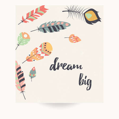 Postcard design with inspirational quote and bohemian colorful feathers, vector illustrationのイラスト素材