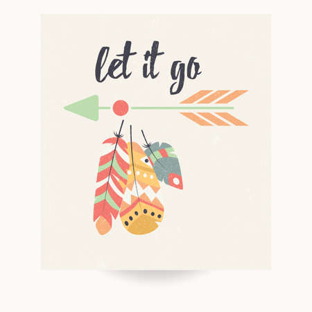 Postcard design with inspirational quote and bohemian colorful feathers, vector illustrationのイラスト素材