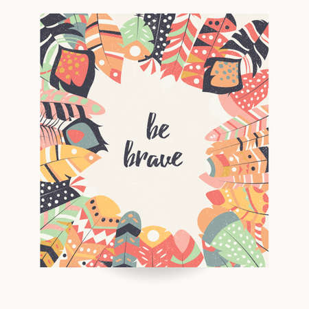Postcard design with inspirational quote and bohemian colorful feathers, vector illustrationのイラスト素材
