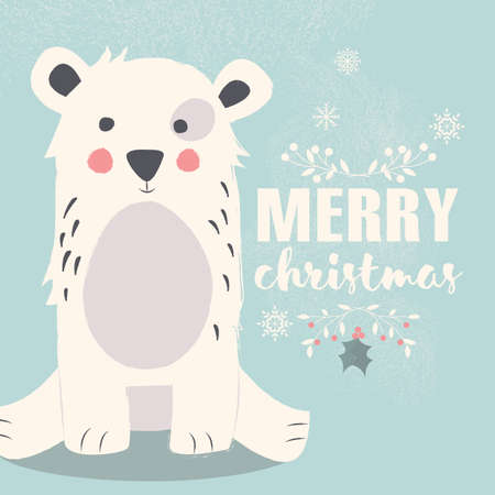 Cute polar bear on blue background and Merry Christmas lettering, vector illustrationのイラスト素材