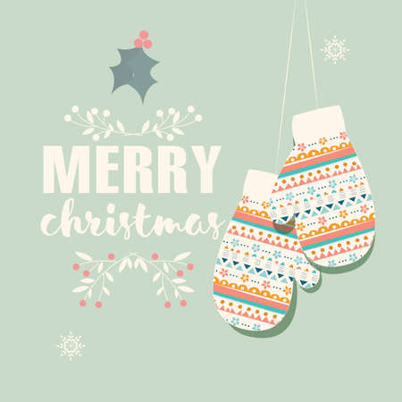 Merry Christmas postcard with mittens and decorationのイラスト素材