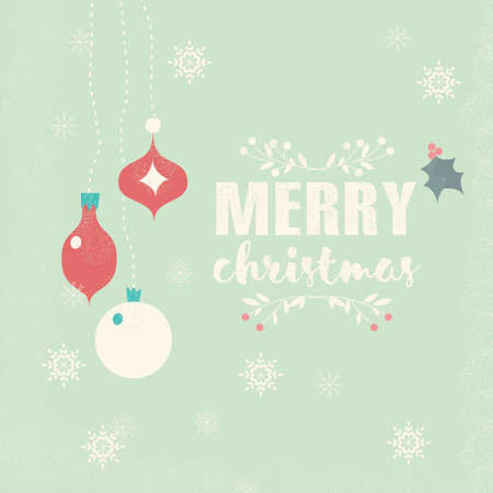Merry Christmas postcard with balls decoration, snowflakes and flowers illustrationのイラスト素材
