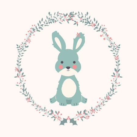Cute baby bunny rabbit in Christmas flower and branch wreath illustrationのイラスト素材