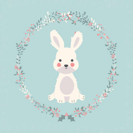 Cute baby bunny rabbit in Christmas flower and branch wreath illustrationのイラスト素材