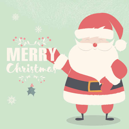 Merry Christmas lettering postcard with smiling and waving Santa Claus illustrationのイラスト素材