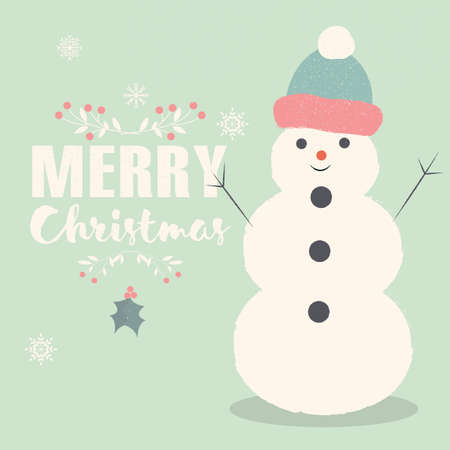 Merry Christmas lettering postcard with smiling Snowman illustrationのイラスト素材