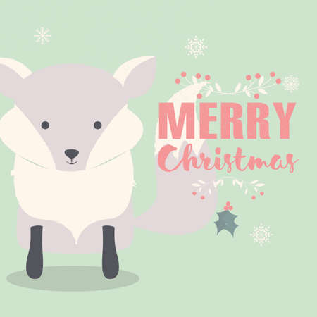 Merry Christmas lettering postcard with cute polar baby fox illustrationのイラスト素材