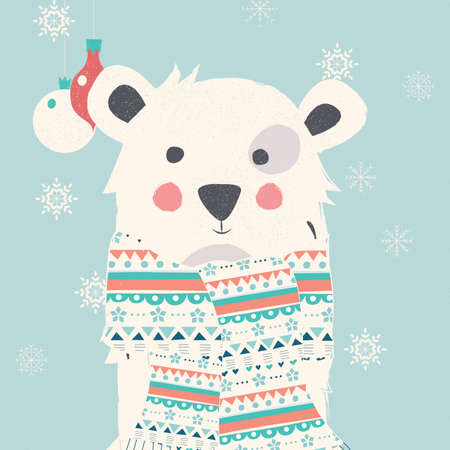Merry Christmas postcard with polar white bear wearing scarf illustrationのイラスト素材