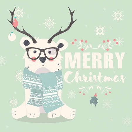 Merry Christmas postcard, hipster polar bear wearing glasses and antlers illustrationのイラスト素材