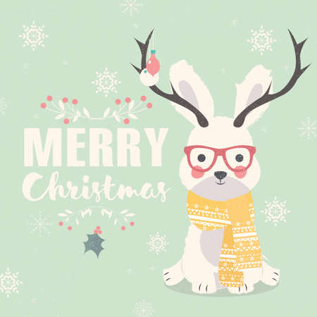 Merry Christmas postcard, hipster polar rabbit wearing glasses and antlers illustrationのイラスト素材