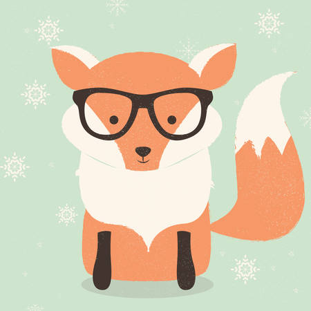 Merry Christmas postcard with cute hipster orange fox wearing glasses illustrationのイラスト素材