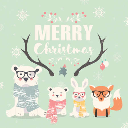 Merry Christmas lettering with hipster polar bears, fox and rabbit illustrationのイラスト素材
