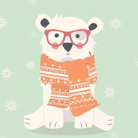 Merry Christmas postcard with hipster polar white bear wearing scarf illustrationのイラスト素材